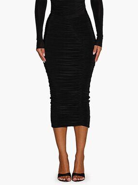 Naked Wardrobe Black Hourglass Ruched Midi Skirt Size L